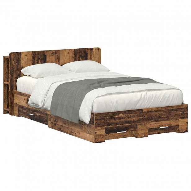 vidaXL Rám postele s úložným prostorem s čelo Staré dřevo 120 x 190 cm