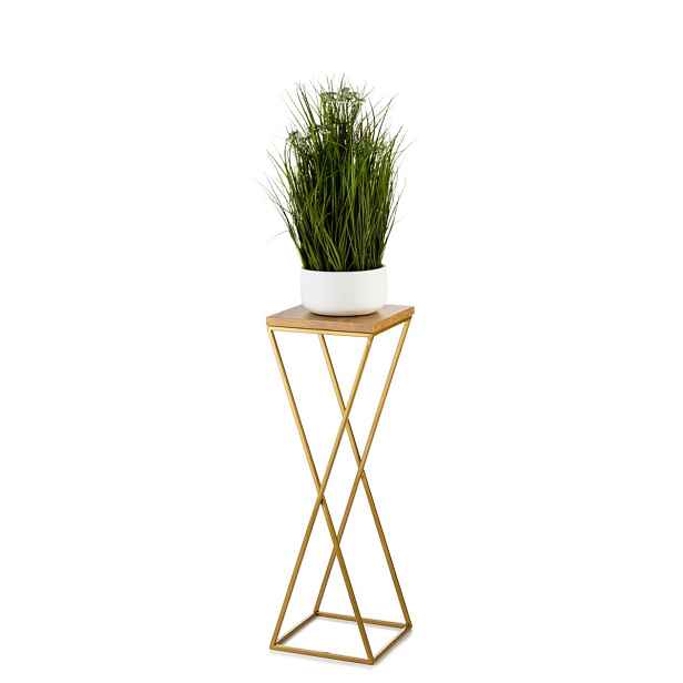 HowHomely Květinový stojan LOFT 70 cm zlatý/dub lancelot