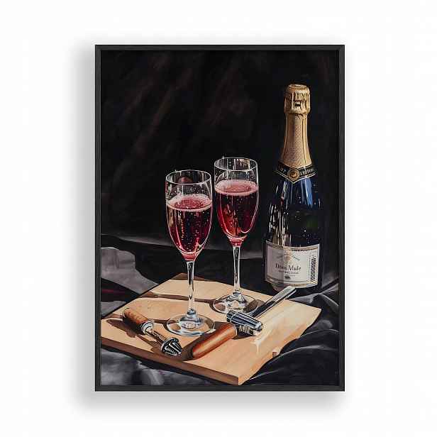 Obraz Růžové šampaňské Skleničky Plakát Rámeček Dřevěný Černý 30x42 cm
