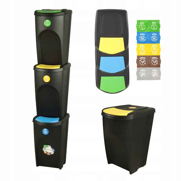 Koš Na Třídění Odpadků Set 3x35 L Na Odpad Černý Barevné Klapky