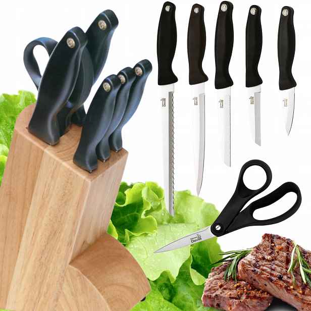 Sada 5 Kuchyňských Nožů Fiskars Kitchen Devils S Nůžkami V Dřevěném Bloku