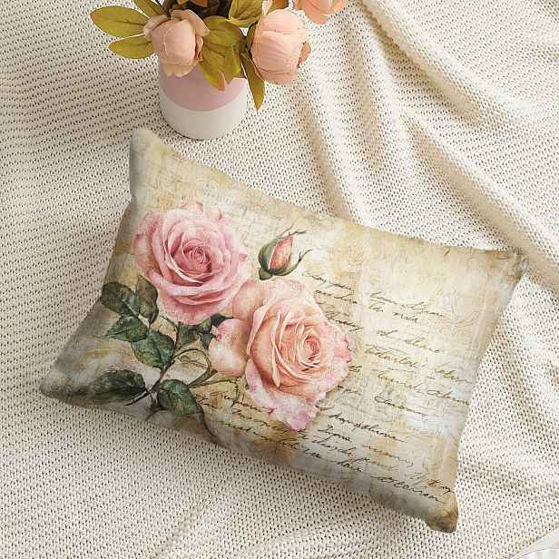 TEMU 1 ks Vintage Růžové Růže & Béžový Květinový Povlak na Polštář - 12x20 Palců (30x50 cm) Měkký Plyšový Povlak s Béžovým/Růžovým/Zeleným Botanickým