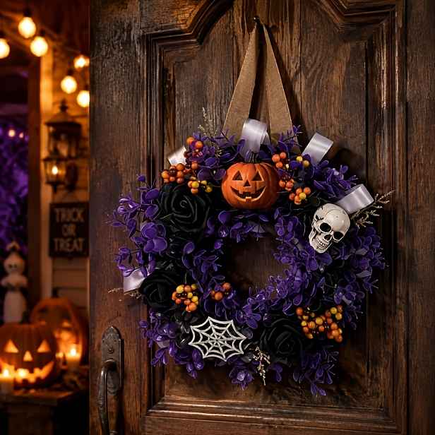 TEMU Halloweenský věnec, dýňová lebka, černá růže, fialový eukalypt a pavučiny na dekoraci dveří, Halloweenská dekorace