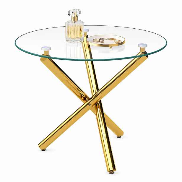 STILVORA JÍDELNÍ STŮL zlatý s deskou z tvrzeného skla a kovovými nohami, moderní design, 80 × 80 × 76 cm