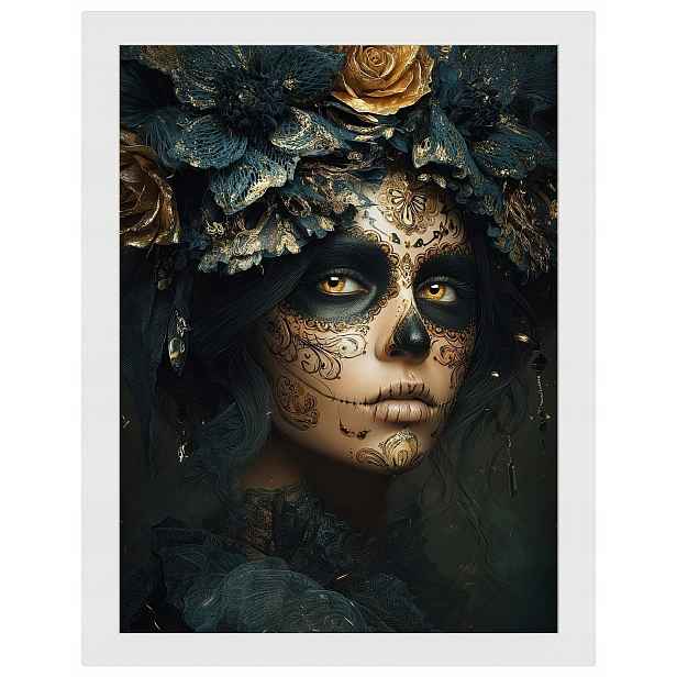 Plakát Rámeček Dřevo Dia De Los Muertos Catrina Zlaté Růže Art 60x80