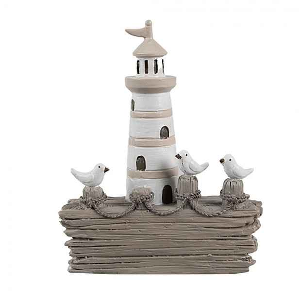 Šedo-bílá dekorace maják s racky - 10*4*12 cm Clayre & Eef