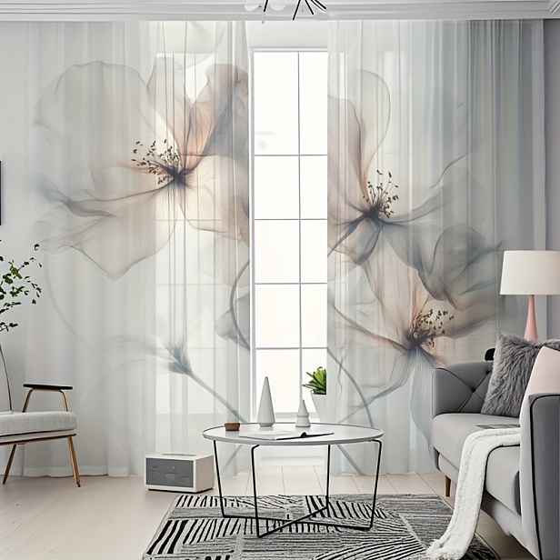 TEMU 2 ks Poloprůhledné Závěsy, Elegantní Květinový Tisk Moderní Minimalistický Styl, Přírodní Dekorativní Závěsy pro Všechna Roční Období, Světlo