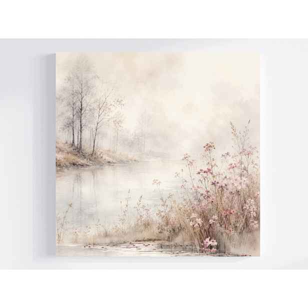 Obraz Na Plátně Canvas Krajina Pohled Řeka Mlha Stromy Růžové Květy 50x50