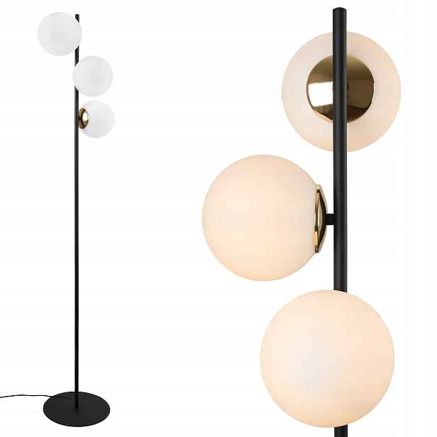 Stojací Lampa Podlahová Černá, Bílé Koule Ze Skla, Zlatá, Loftová, Glamour 3XE14