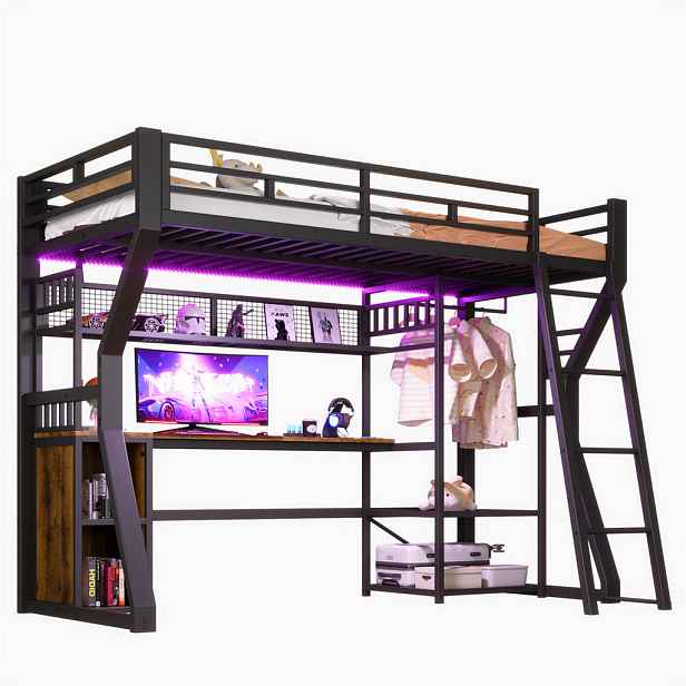 Modenvie VYSOKÁ postel 90/200 cm z kovu a MDF černá, s psacím stolem, osvětlením a zásuvkou