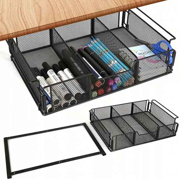 Organizér Výsuvná Šuplík pod stůl, kovový košík pod desku, černá barva