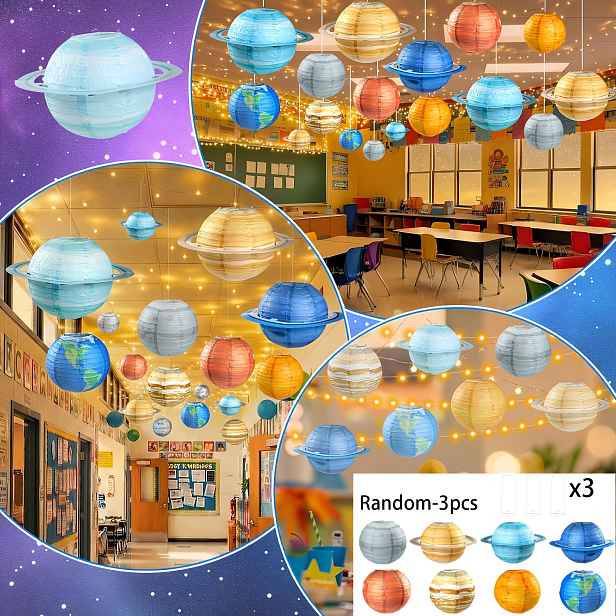 TEMU Náhodné balení 6 ks papírových lampionů s planetami, včetně 3 ks náhodných papírových lampionů s planetami a 3 ks podpůrných stojanů, skládací