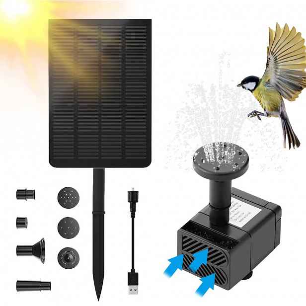 Fontána Bedee s 7 tryskami, Usb a solárním panelem, 55 cm