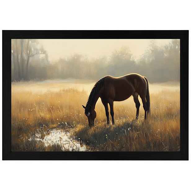 Plakát Rámeček Dřevo Krajina Venkovní Louka Kůň Kaštan Ráno Mlha 60x40
