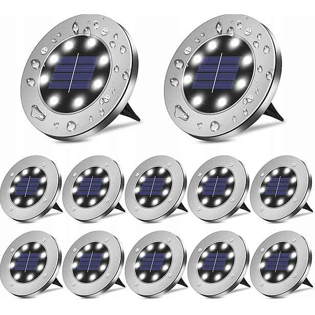 Solární Zahradní Led Nájezdové Světla IP65 Bílé 12 Ks Zapichovací Disk Zemní