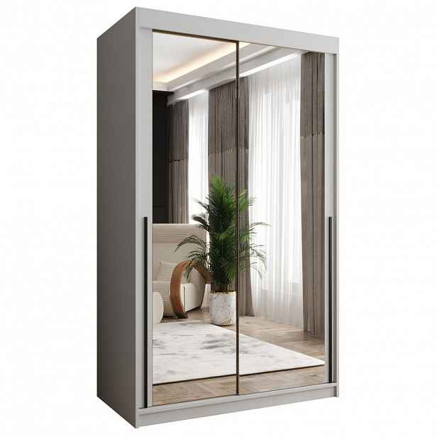 Home Collective ŠATNÍ SKŘÍŇ S POSUVNÝMI DVEŘMI se zrcadlem, šířka 120 cm, bílá s černým madlem
