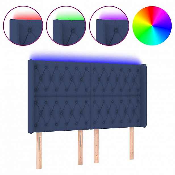 vidaXL Čelo postele s LED modré 163 x 16 x 118/128 cm textil