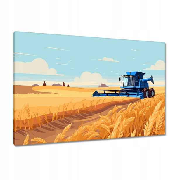 Obrazy 90x60 Modrý kombajn v poli