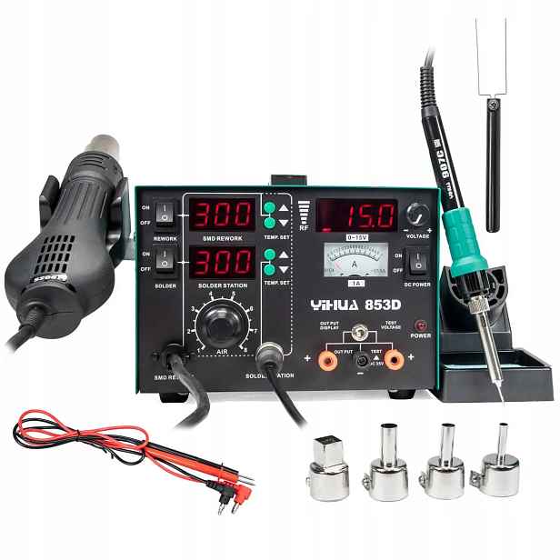 Pájecí stanice 5v1 hot air hrotová napájecí zdroj Rf měřič Yihua 853D 800W