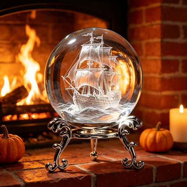 TEMU Halloween 3D Laser Vnitřní Vyřezávaná Křišťálová Koule Ducha Pirátské Loď Design 6Cm Transparentní K9 Křišťálová Koule s Kovovou Základnou