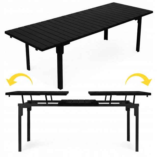 Zahradní Rozkládací Stůl 180-240 CM 12 Osob Ocel Hdpe Černý