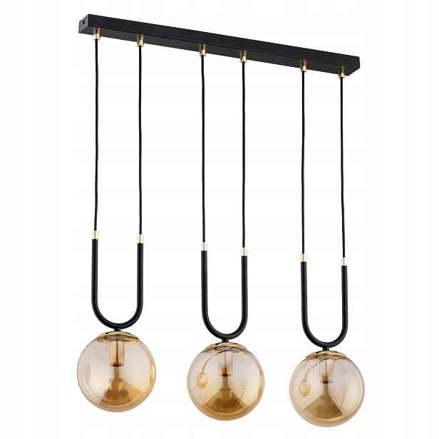 Závěsná lampa černo-zlatá 3xE14 skleněné jantarové stínítko Alfa