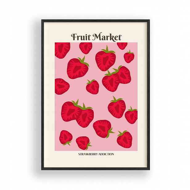 Obraz Jahody Fruit Market Plakát Rámeček Dřevěný Černý 30x42 cm