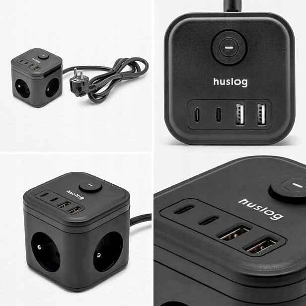 Prodlužovací Kabel kostka Huslog 3 zásuvky Ac 2xUSB-C 2xUSB Černý 1,4 m HUS1003