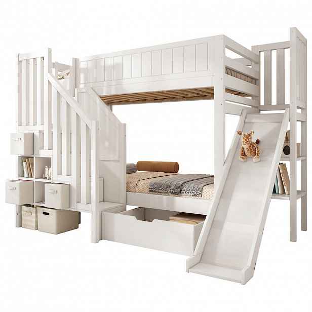 STILVORA ETAGENBETT 90/200 cm & 90/200 cm in Weiß Kinderbett mit Rutsche, 3 Schubladen und Regal