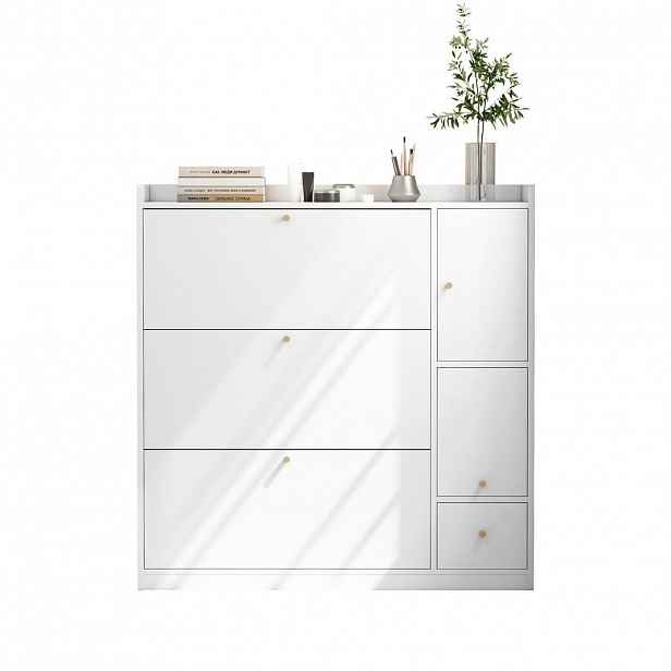 STILVORA SKŘÍŇ NA BOTY v bílé barvě se 3 výklopnými zásuvkami, lavicí a úložným prostorem do předsíně 119x24x122 cm