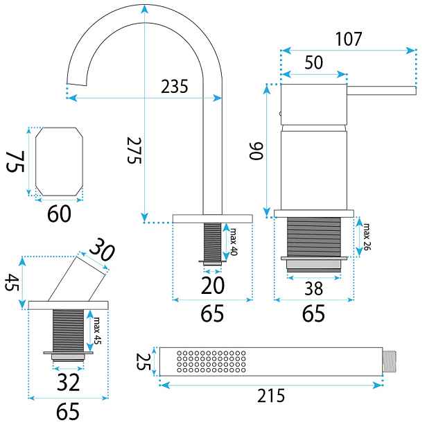 3-OTVOROVÁ Vanová Baterie Se Sluchátkem Rea Lungo Titan Gun Grey