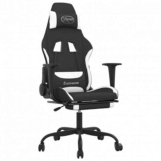 vidaXL Masážní herní židle s podnožkou černá a bílá textil