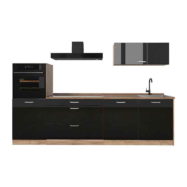 Vicco KUCHYŇSKÝ KOUT R-Line, Černý vysoký lesk/Zlatý mocný dub, 280 cm pracovná doska Dub Goldkraft