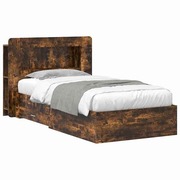 vidaXL Rám postele s úložným prostorem s čelo Kouřový dub 90 x 190 cm