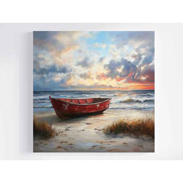 Obraz Na Plátně Canvas Červená Loď Pláž Západ Slunce Moře Léto 50x50
