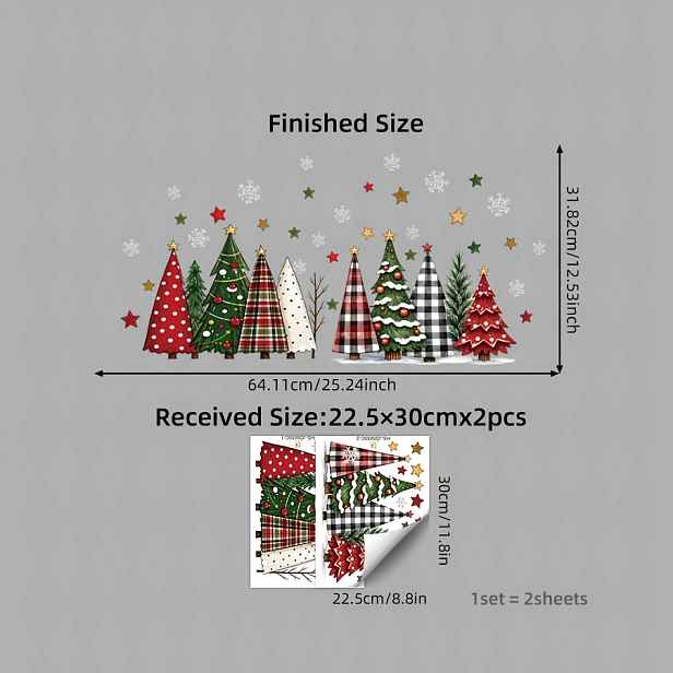 TEMU 2D ploché - 2D ploché - 2D vánoční statické okenní dekorace, 2 balení kostkovaných vánočních stromků a sněhových vloček, oboustranné viditelné a