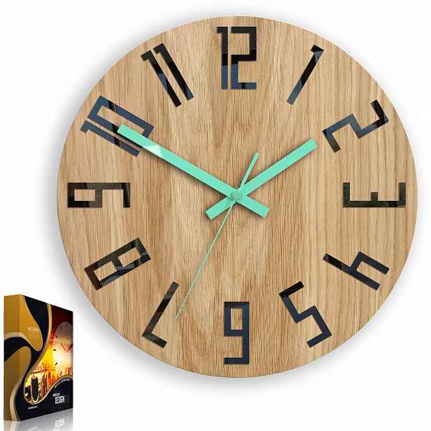 Nástěnný Hodinový Stroj Dub Slim Černý Mátový, tichý, 33 cm, do obývacího pokoje,