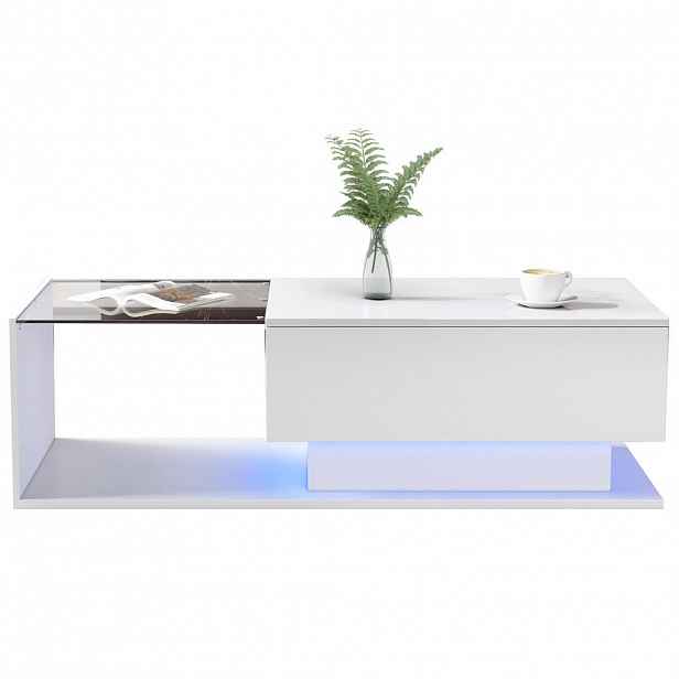 Redom KONFERENČNÍ stolek 100/50/32 cm s LED osvětlením, skleněnou deskou a zásuvkou, moderní provedení, Bílá