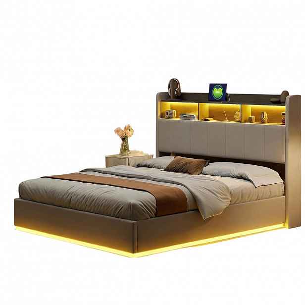 SHOPENTRA LED pásek s úložným prostorem pro manželskou postel 160x200 bílý samet