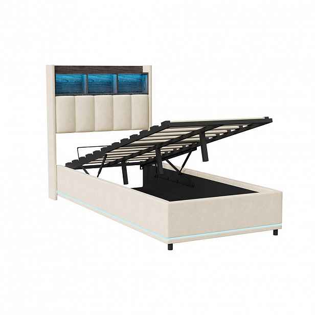 SHOPENTRA PLYNOVÁ tlaková jednolůžko 90x200 cm, LED, čelo postele, úložný prostor, bílá
