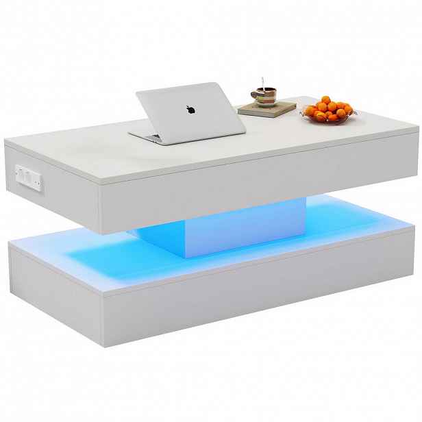 Redom KONFERENČNÍ stolek 100/50/42 cm s výškově nastavitelnou deskou, LED osvětlením, skrytým úložným prostorem a EU zásuvkami, Bílá