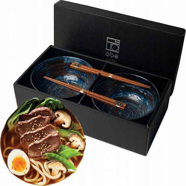 Sada modrých misek 17 cm na těstoviny Udon s tyčinkami Uzu Edo