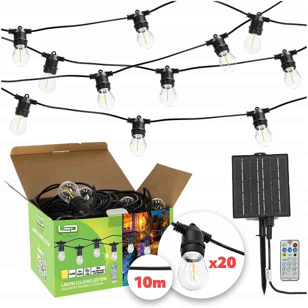 Solární zahradní girlanda Solární lampy 20 m 20 x Led žárovka E27 Ovladač