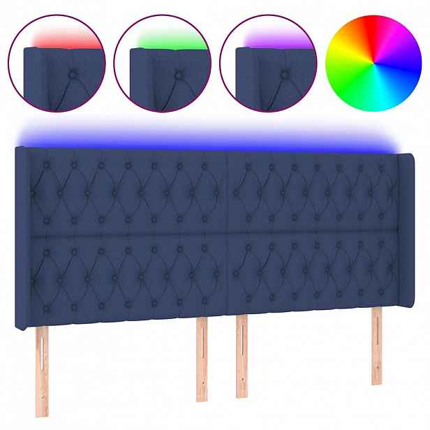 vidaXL Čelo postele s LED modré 203 x 16 x 118/128 cm textil