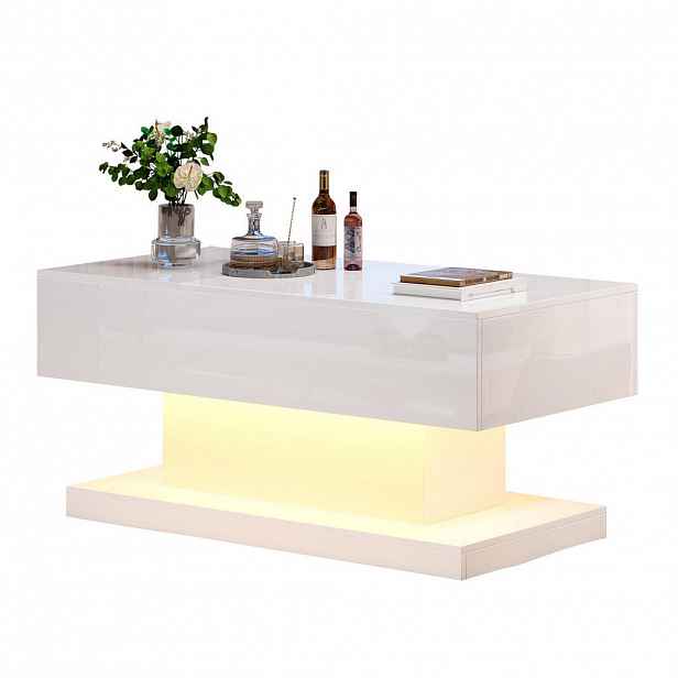 Redom KONFERENČNÍ stolek 100/50/45 cm s hydraulickým zdvihem, posuvnou deskou, LED osvětlením a úložným prostorem, Bílá