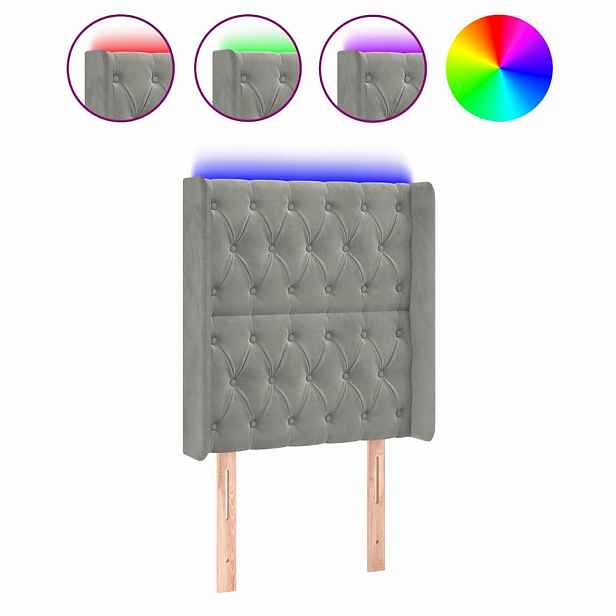 vidaXL Čelo postele s LED světle šedé 83 x 16 x 118/128 cm samet