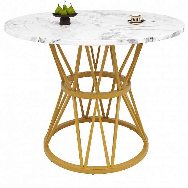 Redom JÍDELNÍ stůl 100/100/76 cm s kulatou deskou z MDF v dekoru mramoru a nastavitelnými nožkami, Zlatá