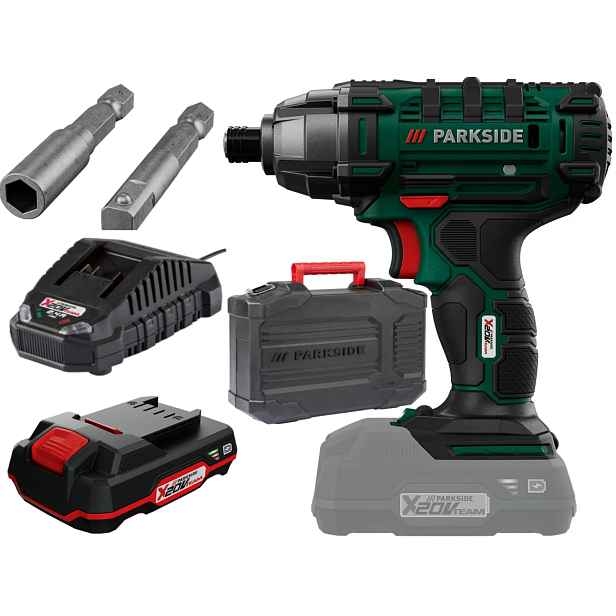 Příklepový klíč Parkside aku šroubovák 180 Nm baterie 2 Ah nabíječka bitů Sada XL
