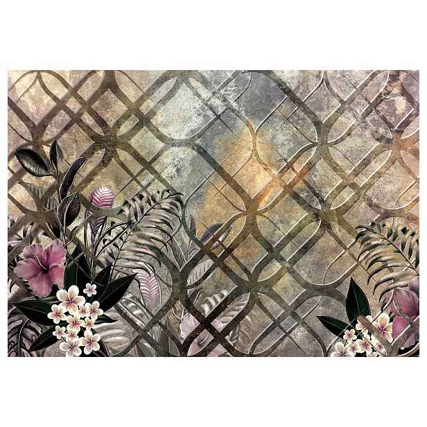 Tapeta Hibiskus Frangipani listy geometrie 416x290 béžová růže šedá+lepidlo
