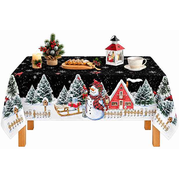 Vánoční Ubrus 140X180 CM Černý Sněhulák Stromy Polyester 4-6 Osob